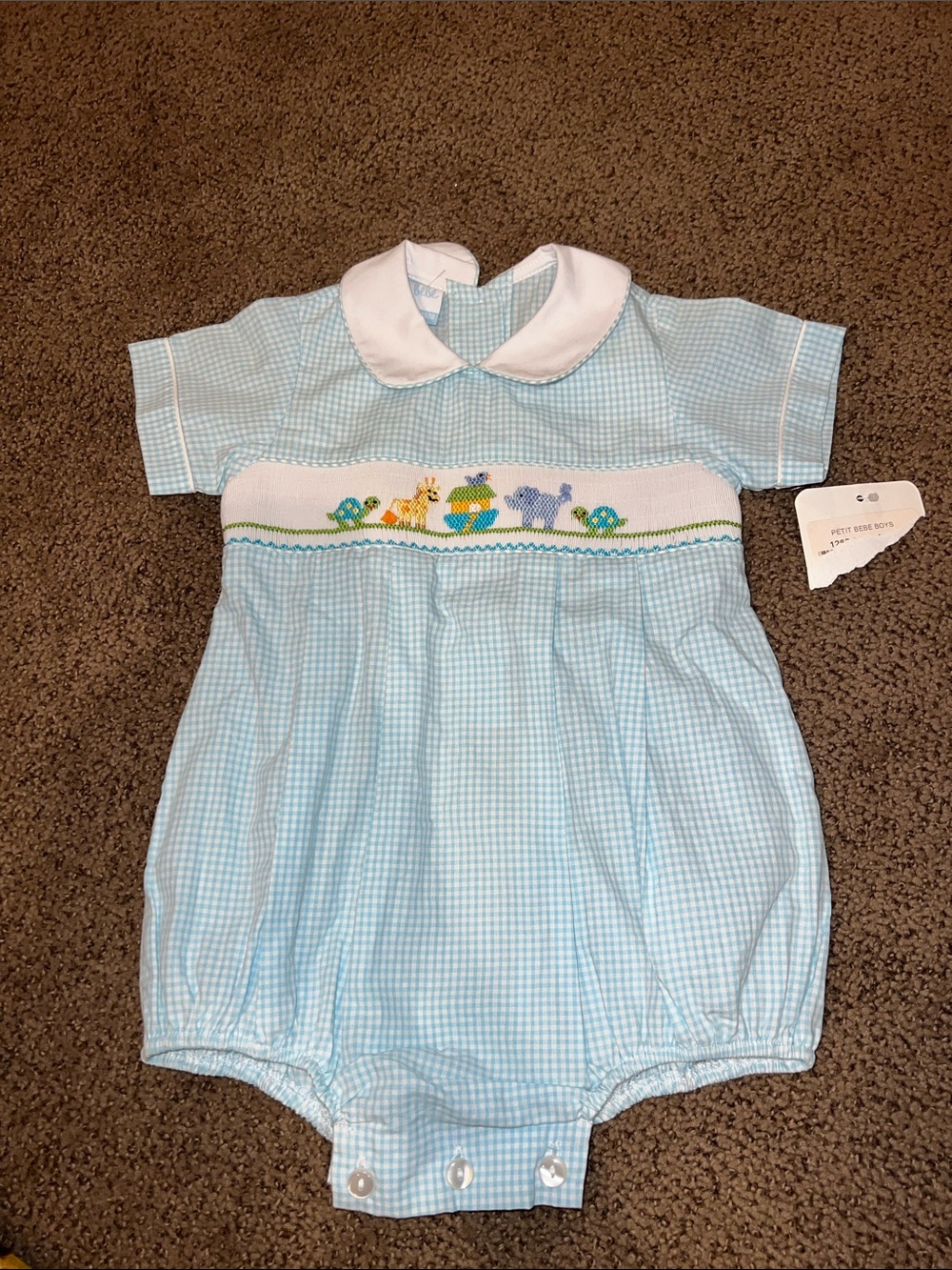 NWT 3m Petit Bebe Baby Boys Light Blue Gingham Smocked Bubble